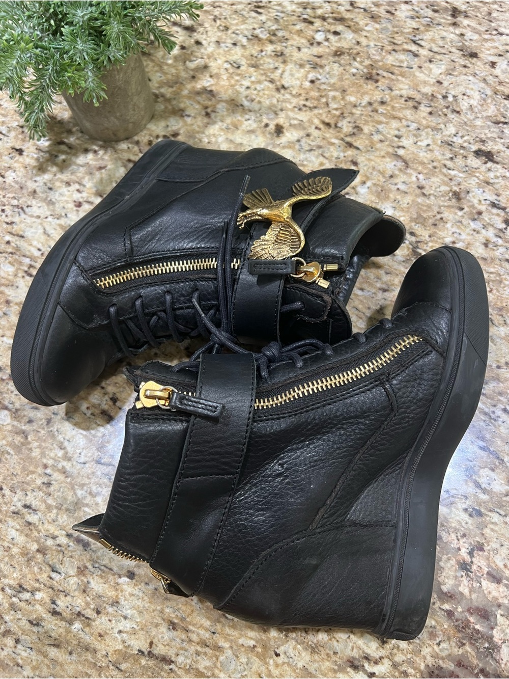 Giuseppe Zanotti Black Wedge Lace-Up Ankle Sneakers with Gold Eagle Emblem 40 - Picture 4 of 11